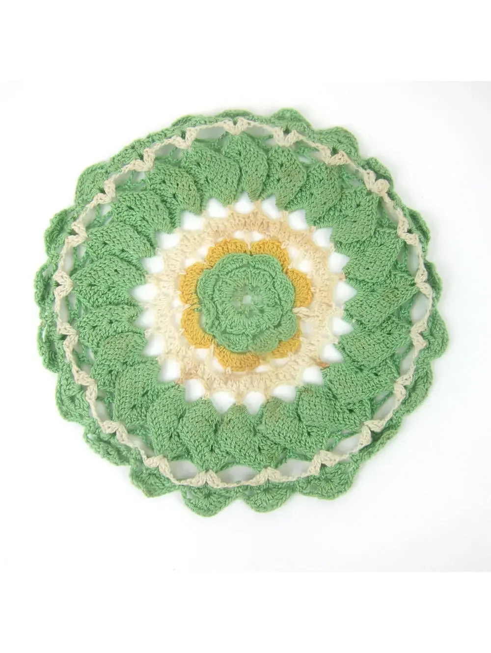 Vintage Rose Hot Plate Doily Green Flowers Yellow Cream 8